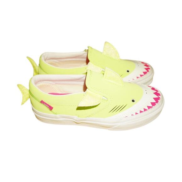 Vans Kid Size 2 Shark Slip-On Sneakers Lime Green Pink Sole Novelty Animal Shoes - Picture 3 of 7